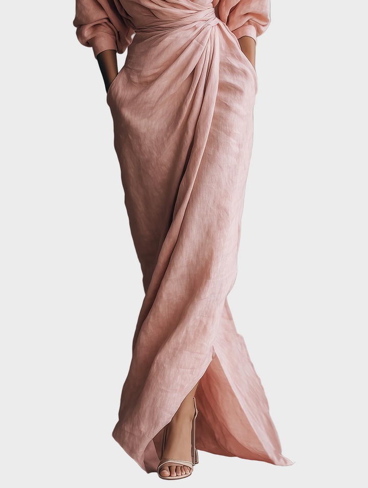 Vestido Maxi de Lino con Escote en Pico Mujer