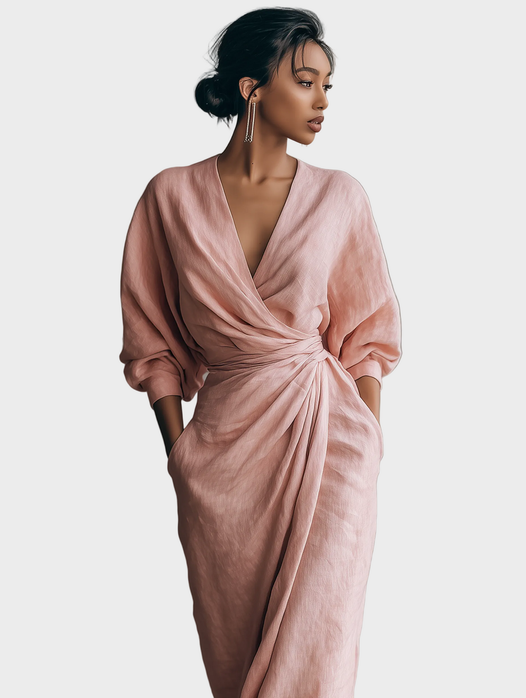 Vestido Maxi de Lino con Escote en Pico Mujer