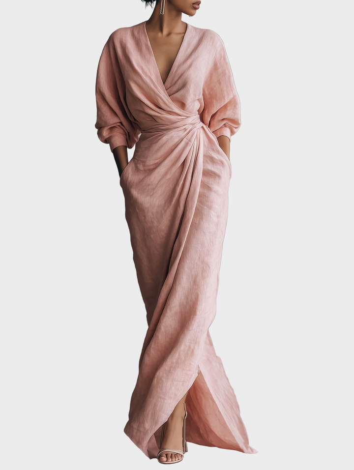 Vestido Maxi de Lino con Escote en Pico Mujer
