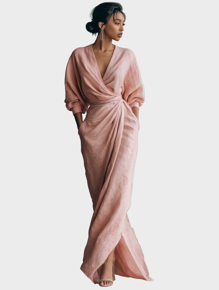 Vestido Maxi de Lino con Escote en Pico Mujer
