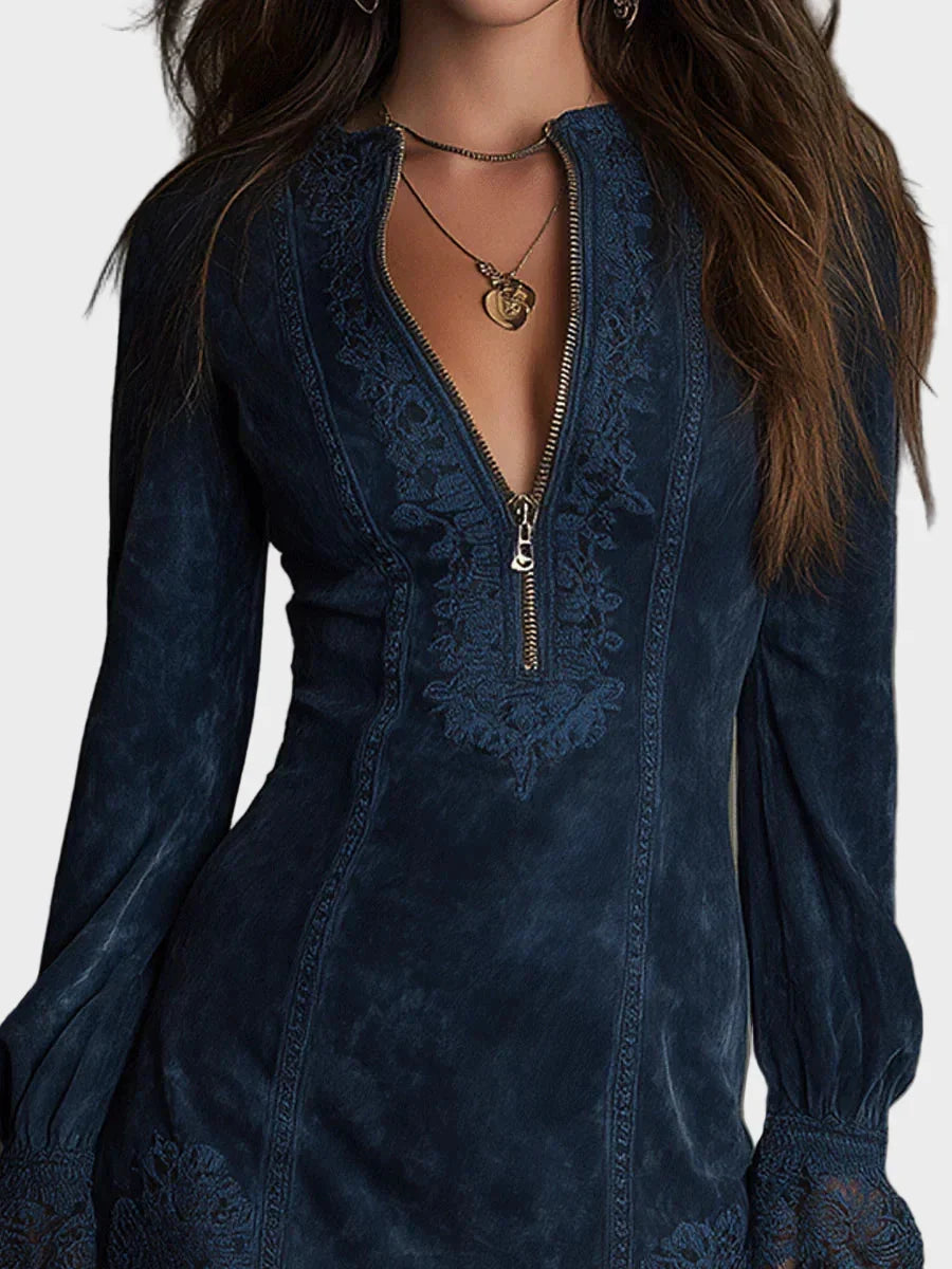 Jazmín – Mini vestido azul de ante con encaje Mujer