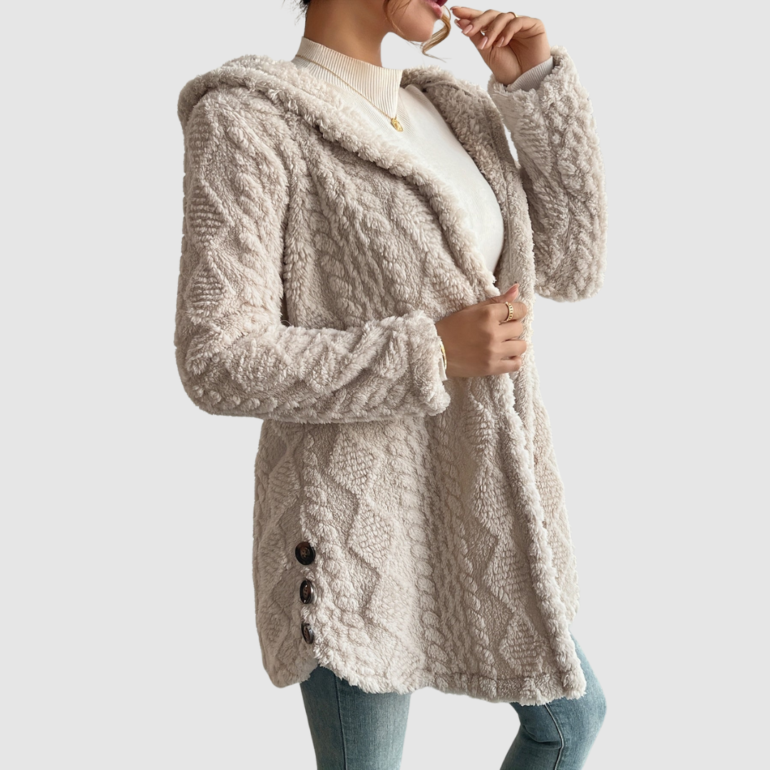 Barbora – Cárdigan con capucha de pelo sintético