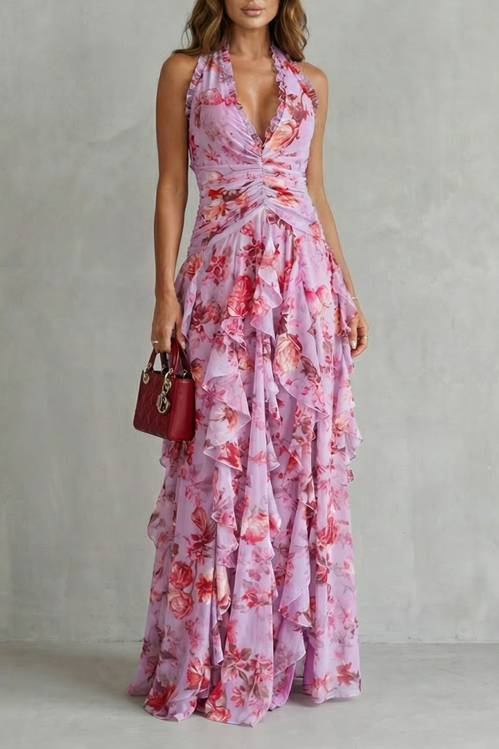 Belladina | Romántica Cascada de Rosas Vestido Largo con Escote Americano