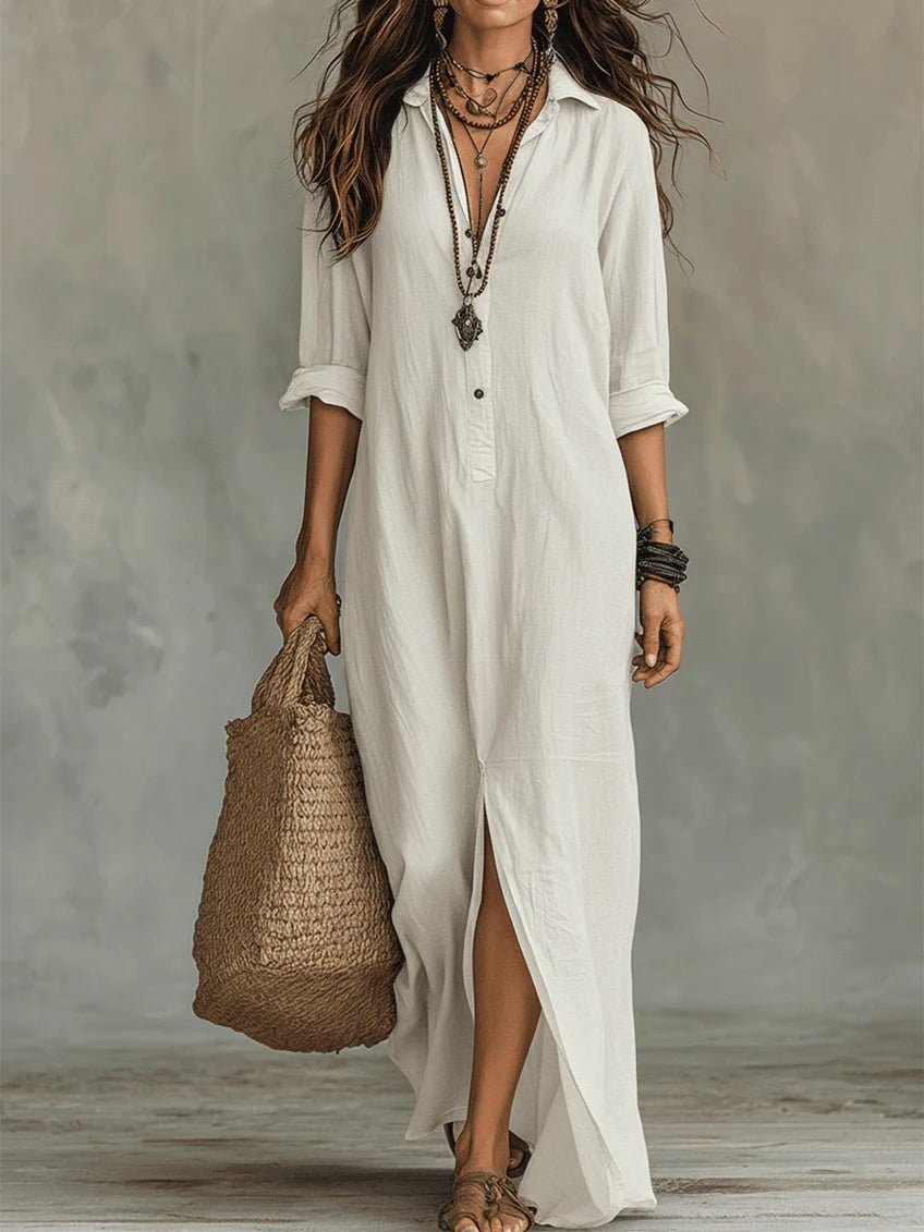 Soline | Vestido Maxi Negro – Diseño de Botones con Hombros Anchos