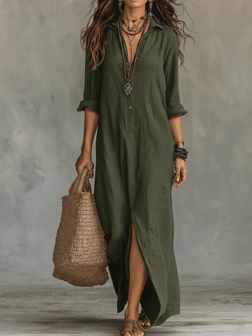 Soline | Vestido Maxi Negro – Diseño de Botones con Hombros Anchos