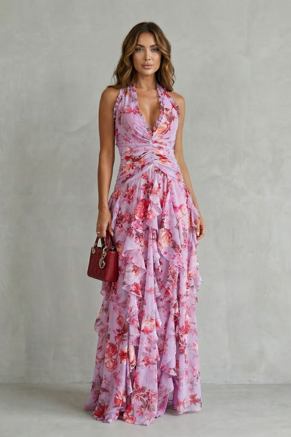 Belladina | Romántica Cascada de Rosas Vestido Largo con Escote Americano