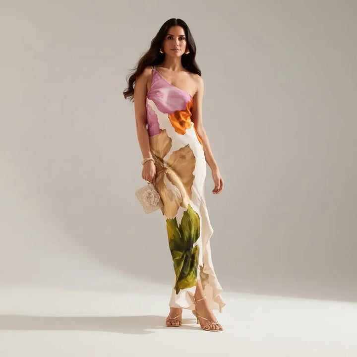 Nuria - Vestido Chic con Detalles de Patchwork y Cuello Asimétrico