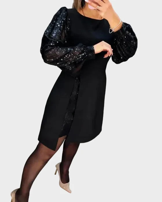 Iwona - Vestido elegante con mangas abullonadas brillantes Mujer