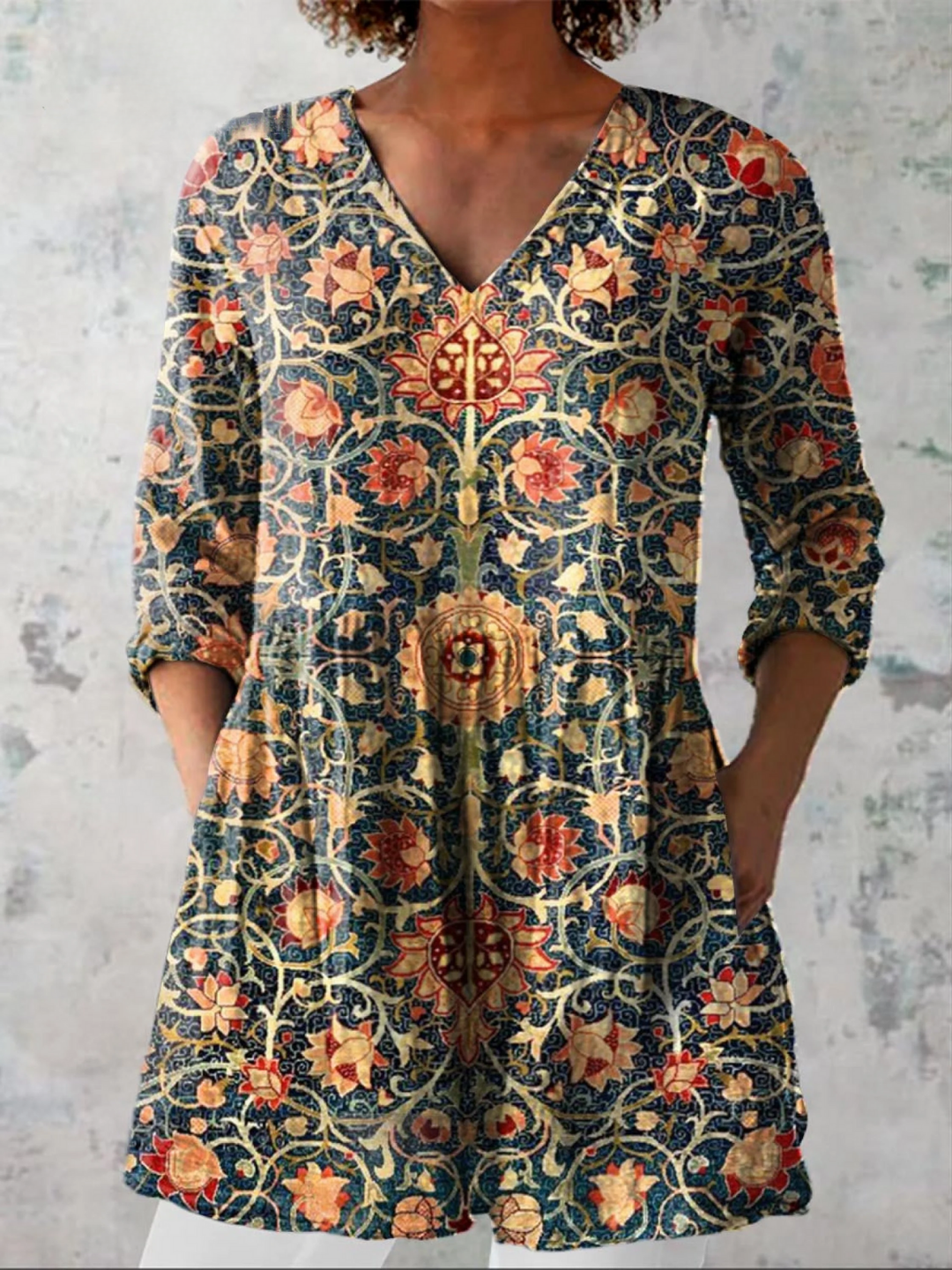 Elara | Camisa vintage cuello V manga larga