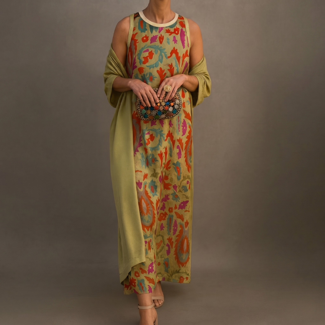 Daniela - Vestido largo con estampado floral y chaleco ajustado Mujer