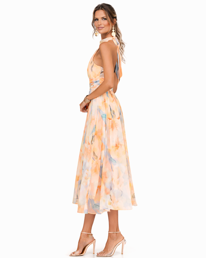 Aurora | Vestido con Cuello Halter y Estampado Acuarela