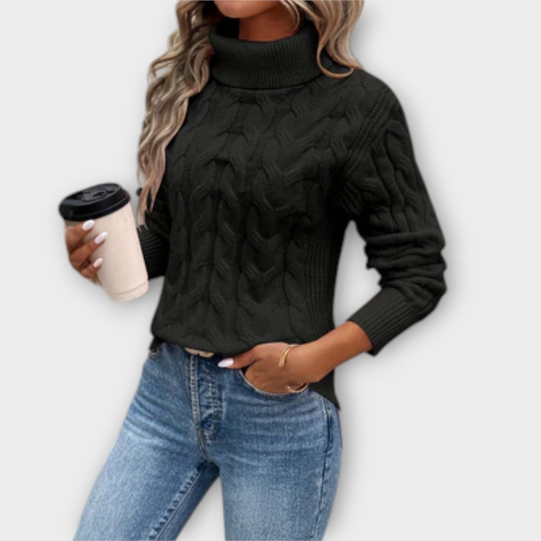 Amelia - Pull de cuello alto elegante en rosa con motivo de trenzas