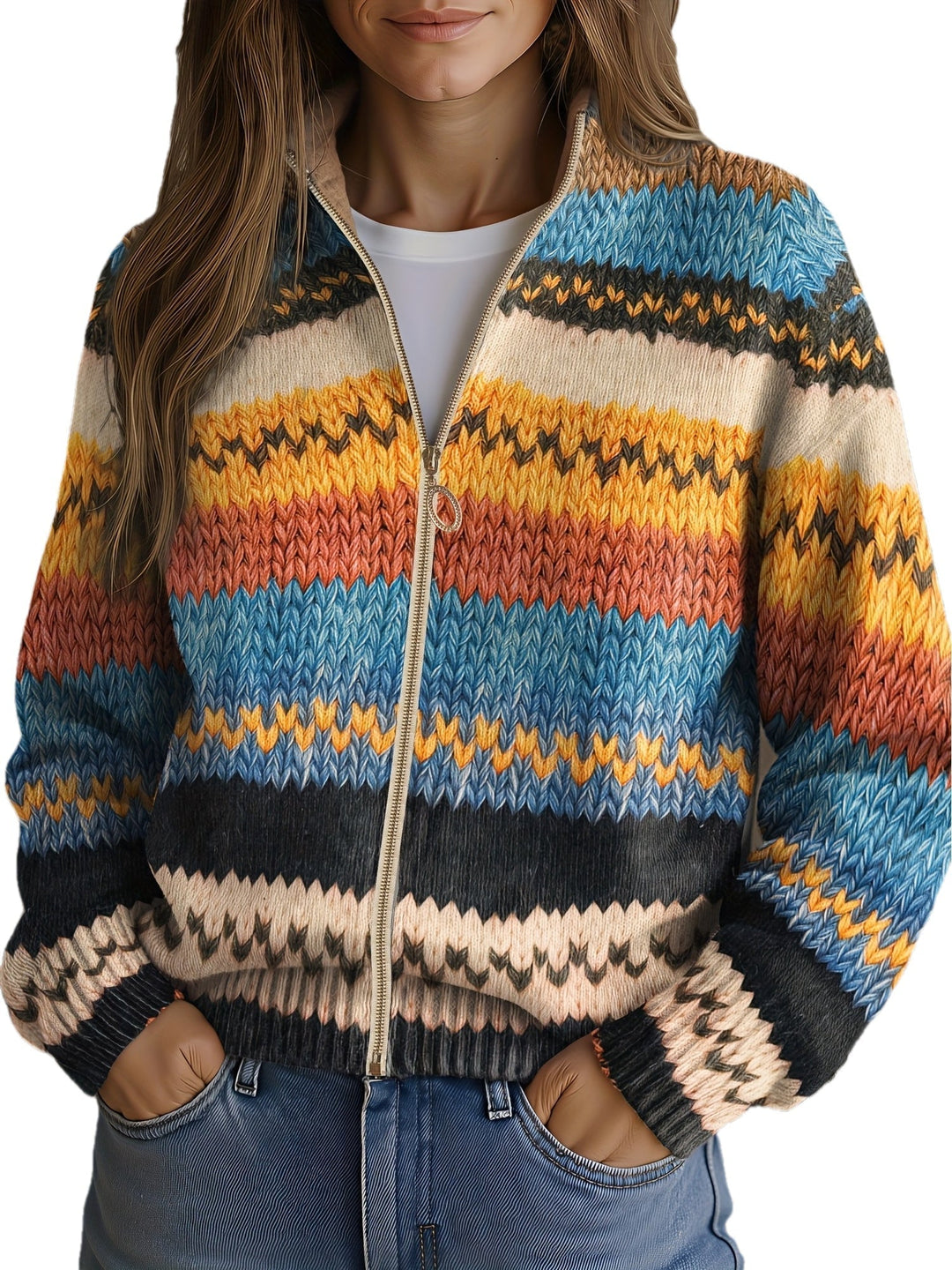 Yseult™ - Cárdigan de punto con rayas zigzag multicolores