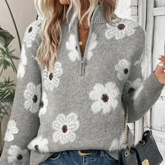 Violeta | Jersey floral de punto con cuello con cremallera