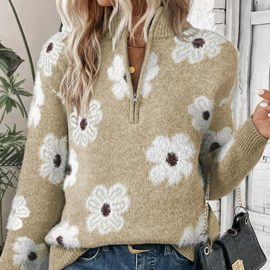 Violeta | Jersey floral de punto con cuello con cremallera