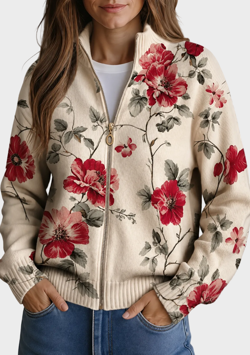 Wilhelmine - Cárdigan vintage con cremallera y estampado de rosas