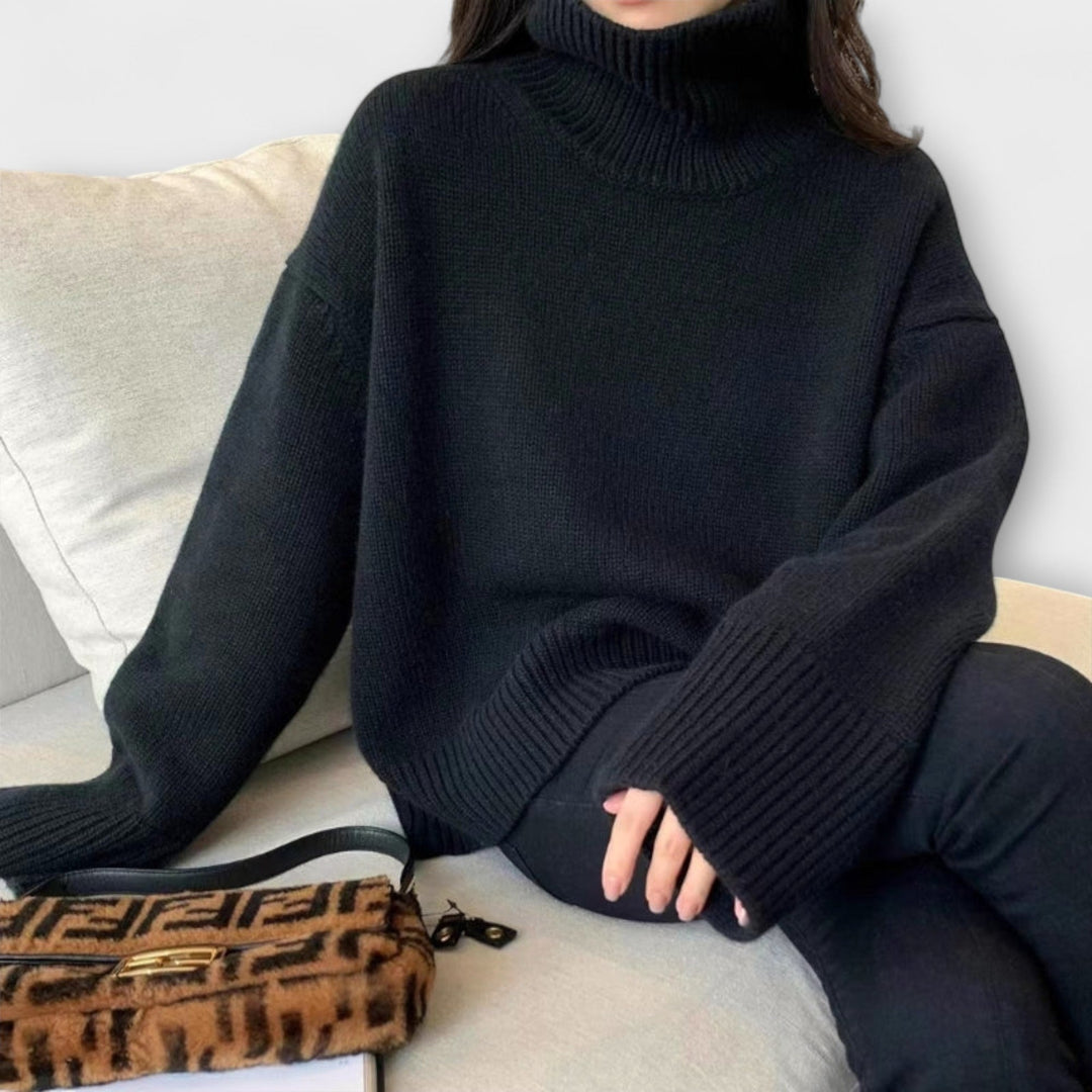 Mera - Suéter de cachemire beige con cuello alto