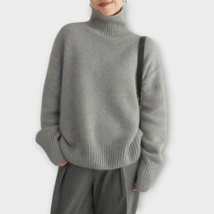 Mera - Suéter de cachemire beige con cuello alto