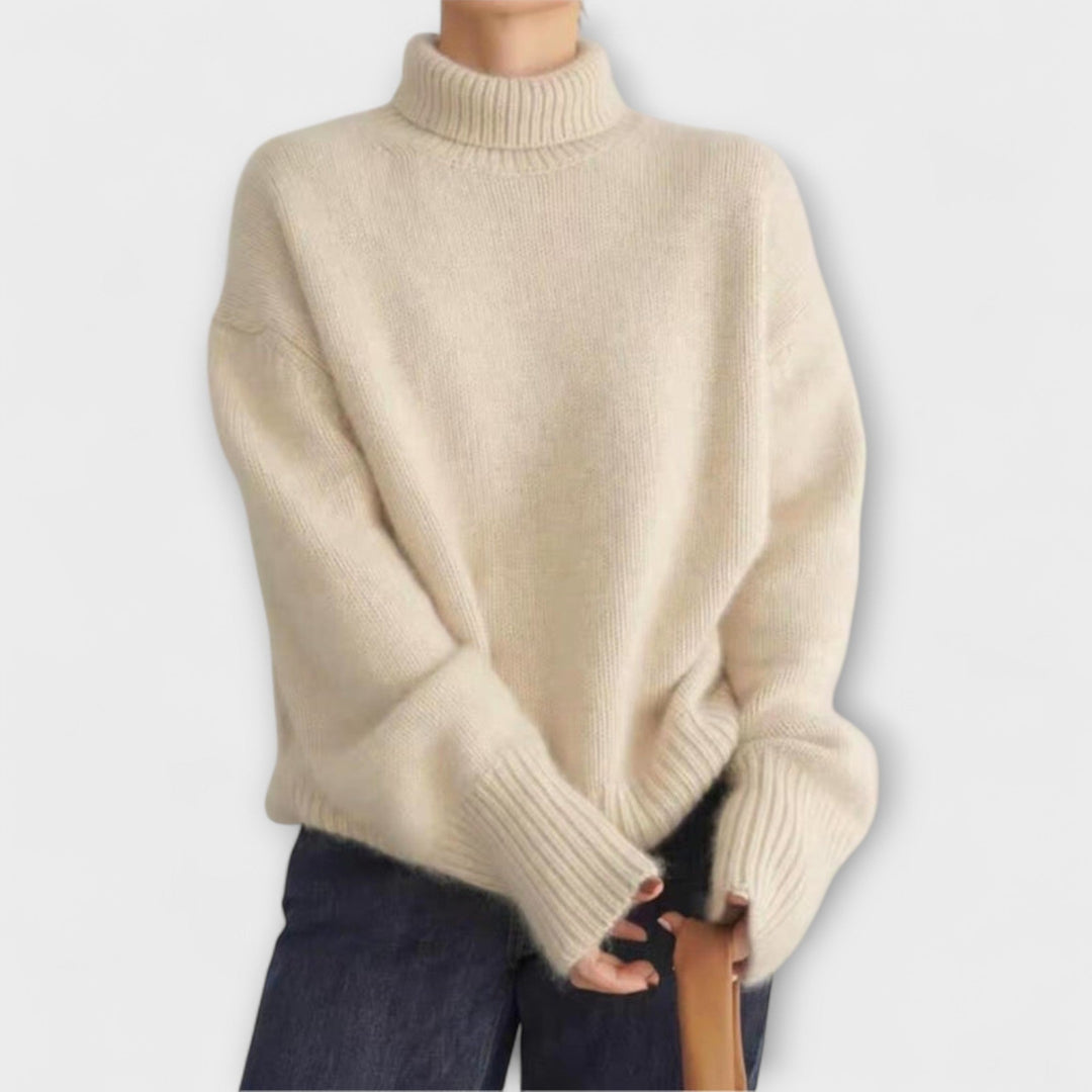 Mera - Suéter de cachemire beige con cuello alto