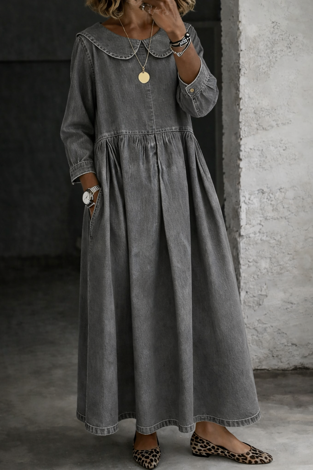 Océane - Vestido de Denim con Cuello Peter Pan | Efecto Silueta