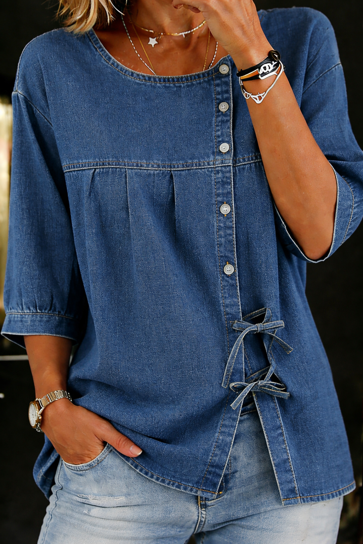 Véronique - Blusa de Denim Vintage Larga | Detalle Femenino