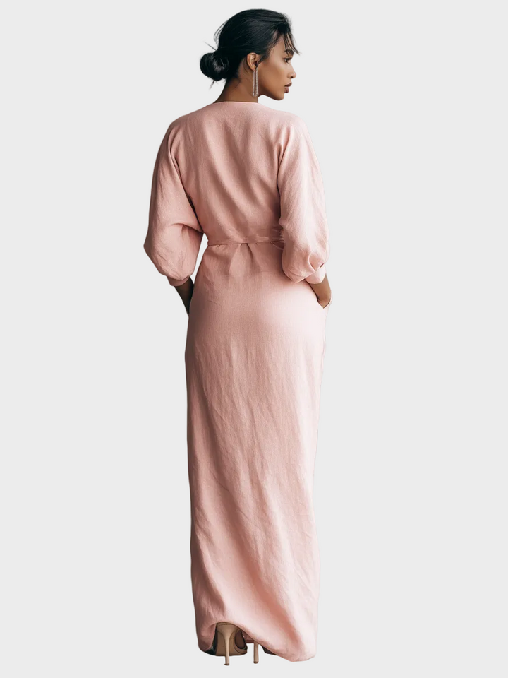 Vestido Maxi de Lino con Escote en Pico Mujer