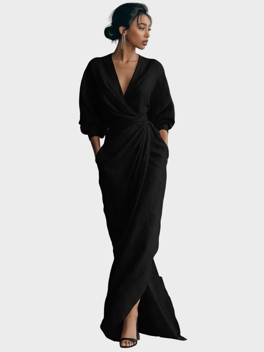 Vestido Maxi de Lino con Escote en Pico Mujer