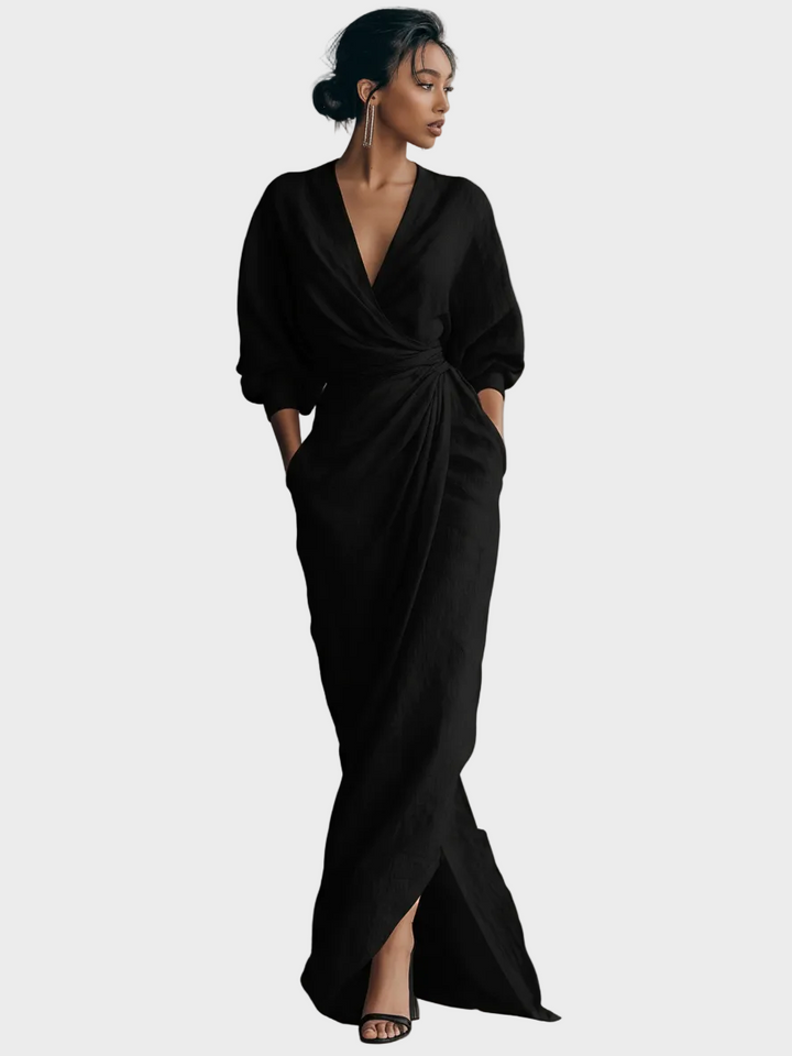 Vestido Maxi de Lino con Escote en Pico Mujer