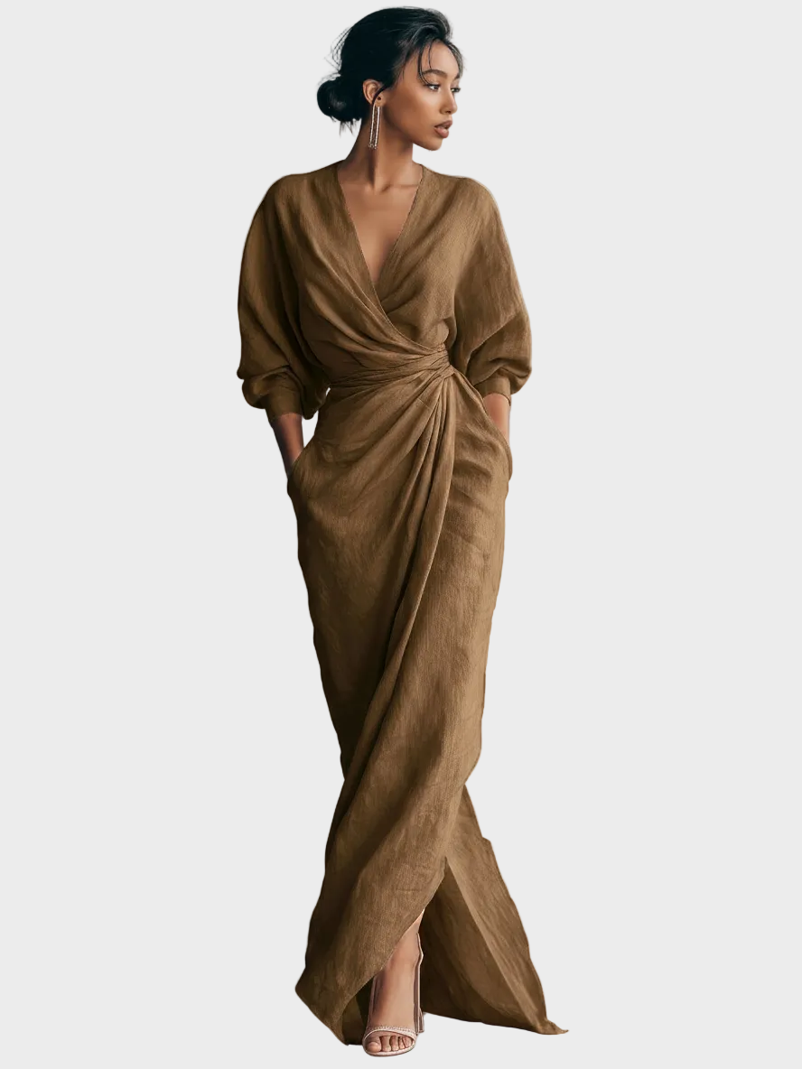 Vestido Maxi de Lino con Escote en Pico Mujer