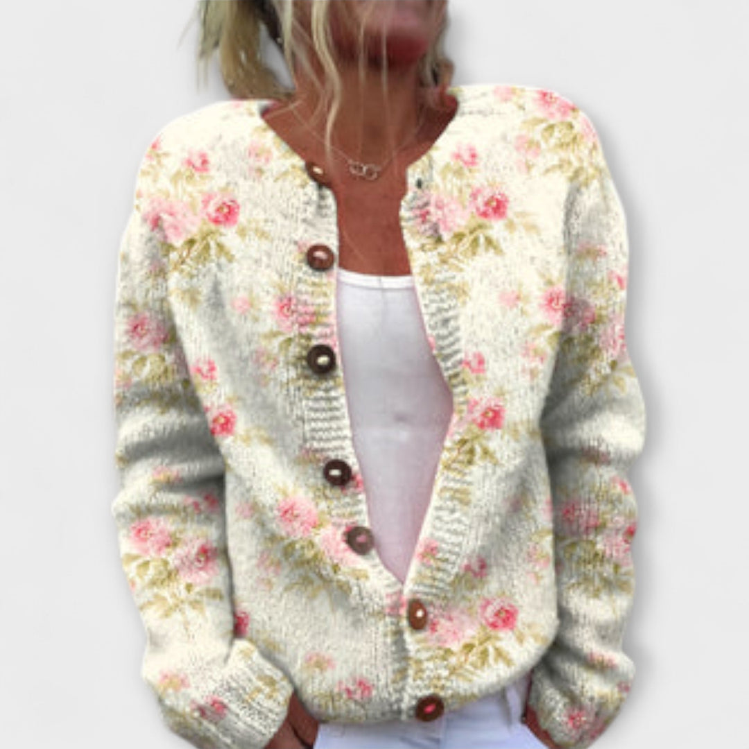 Elina - Cardigan crema con motivo floral