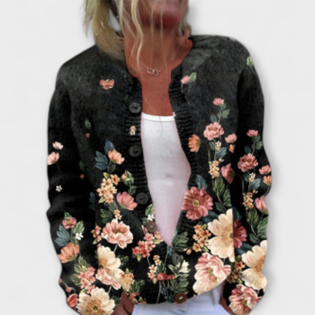 Talia - Cardigan negro con estampado floral