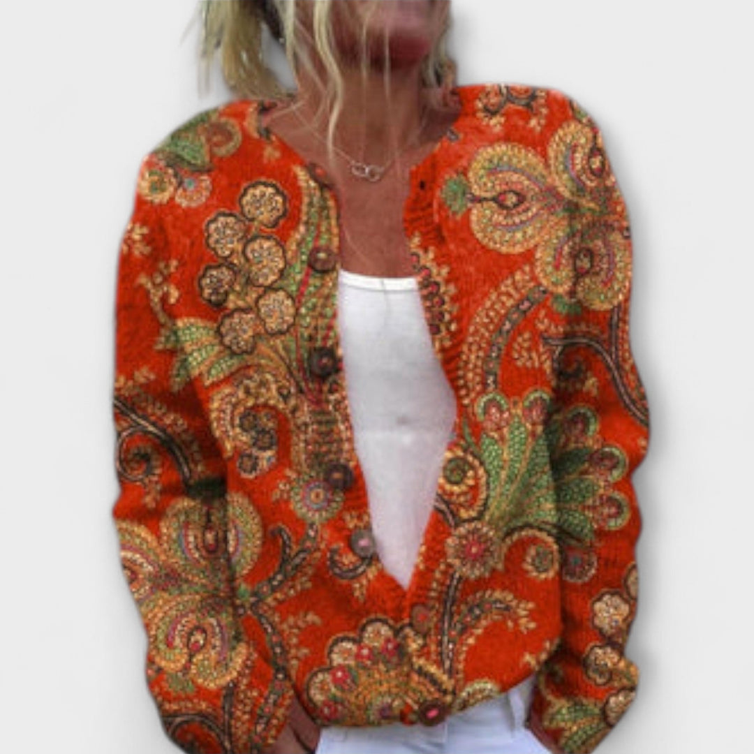 Tara - Cárdigan de punto rojo con motivo paisley