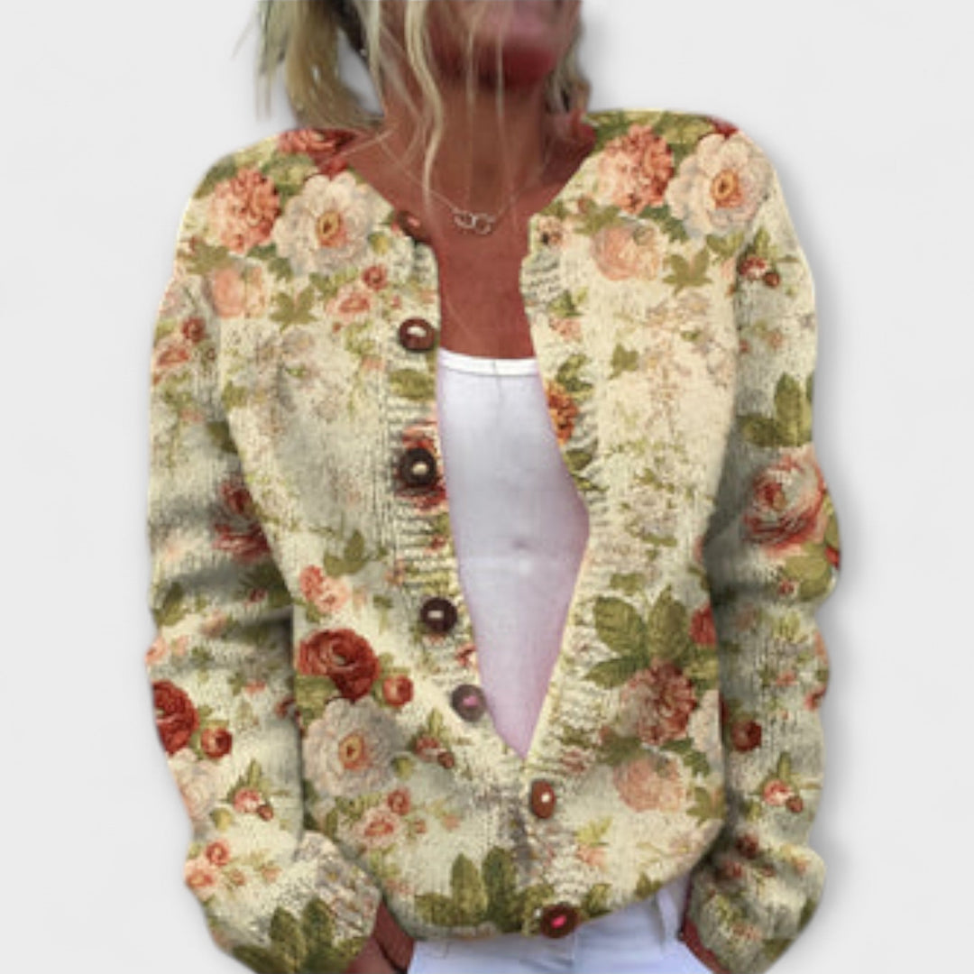 Leona - Cárdigan crema con estampado de flores silvestres