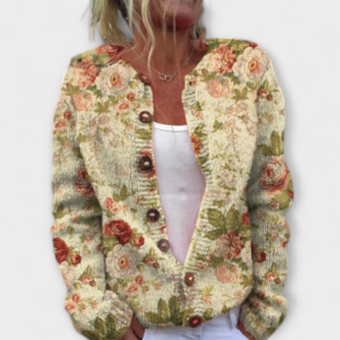 Leya - Cárdigan de punto beige con diseño floral