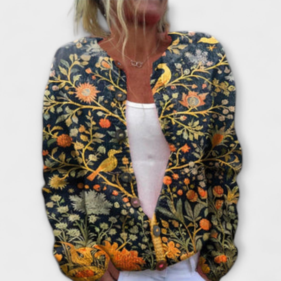 Ylvi - Cardigan azul oscuro con estampado floral y de pájaros