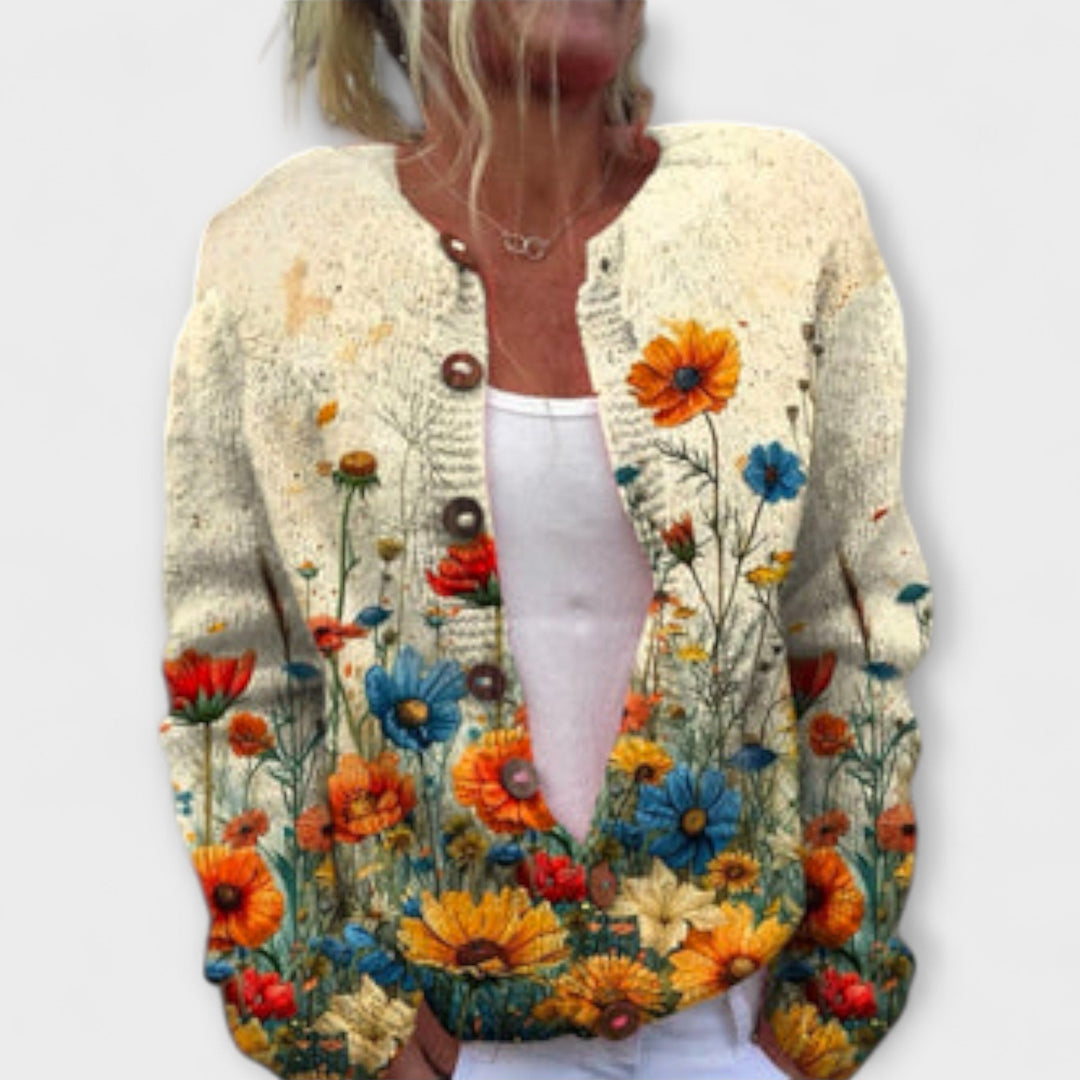Nalea - Cárdigan de punto color crema con flores silvestres