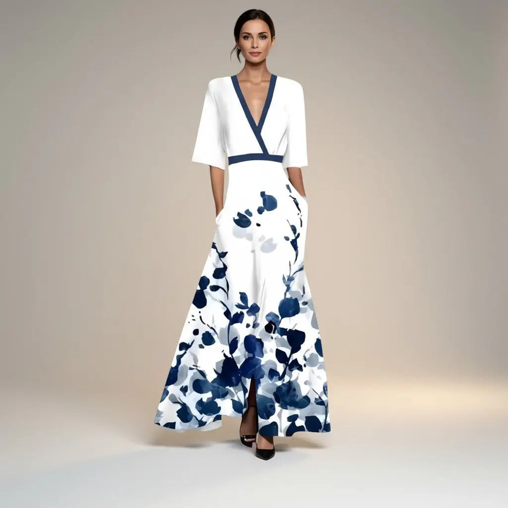 Marina - Vestido Largo con Estampado y Cuello en V Elegante