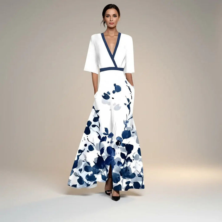 Marina - Vestido Largo con Estampado y Cuello en V Elegante