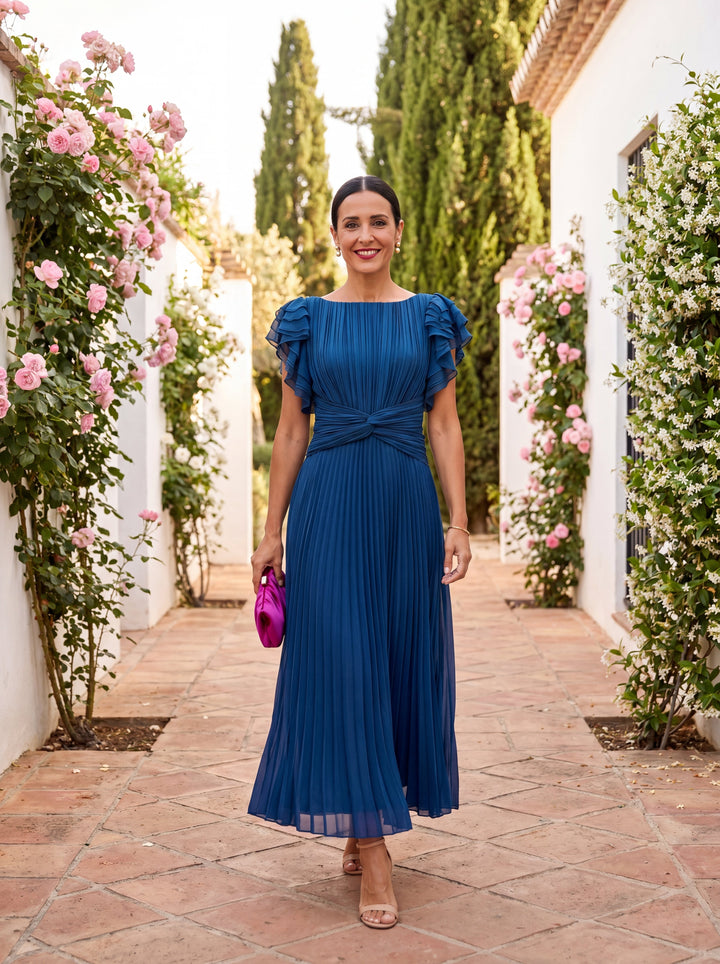 Seraphina | Elegante Maxi Vestido Plisado con Cinturón Anudado