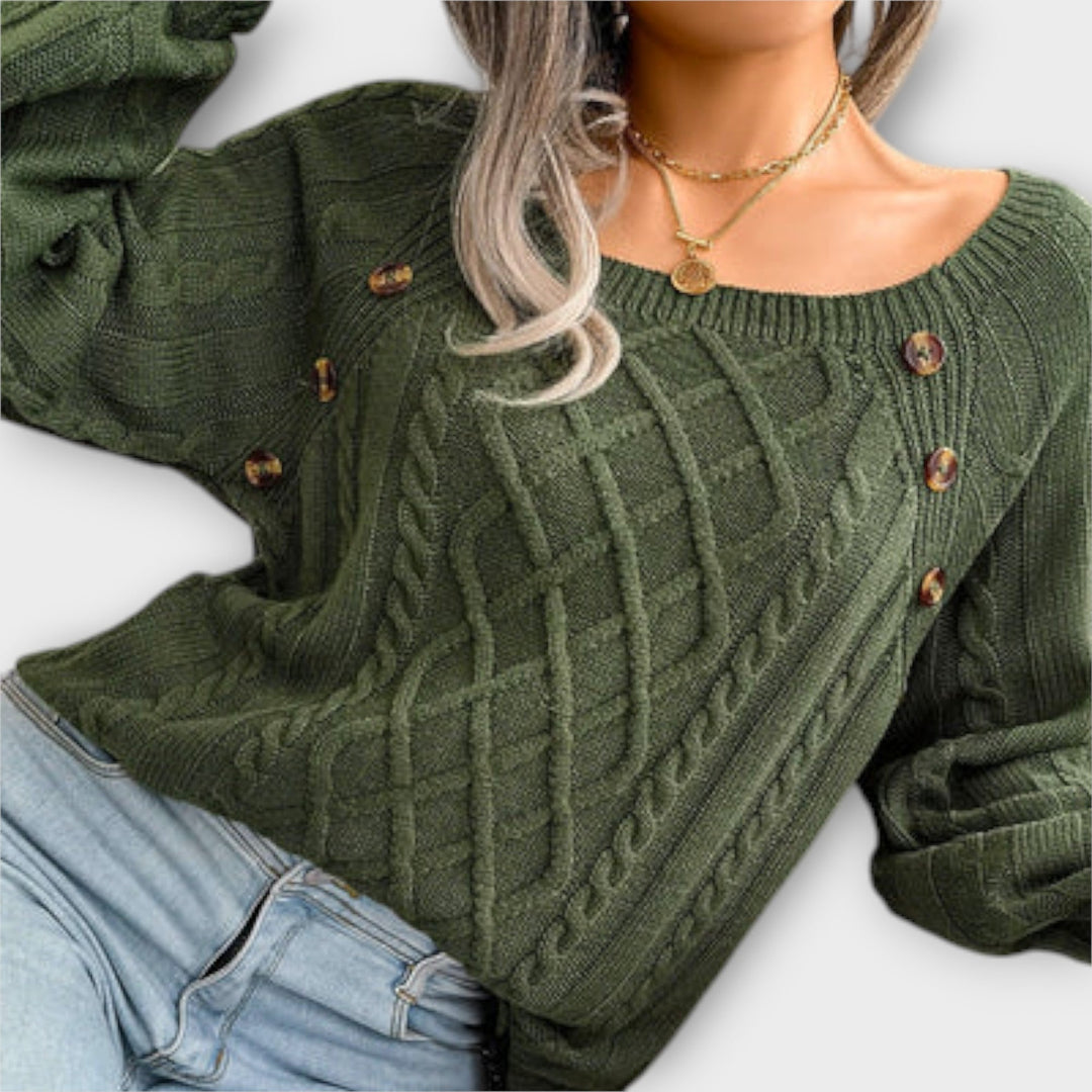 Malia - Suéter gris oscuro con botones y diseño de trenzas