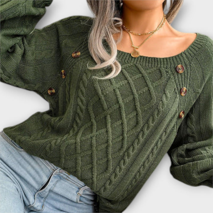 Malia - Suéter gris oscuro con botones y diseño de trenzas