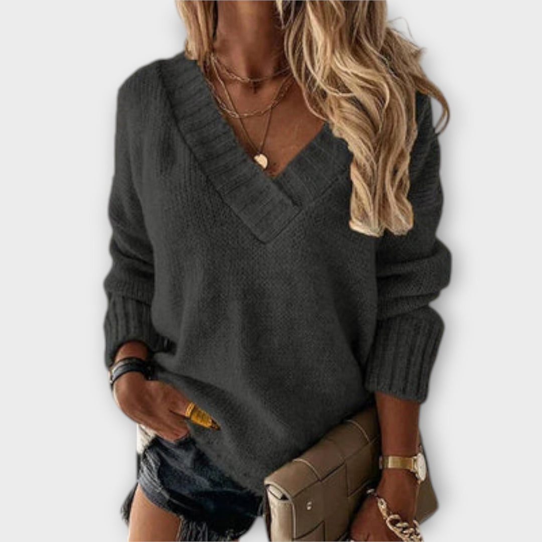Jane - Suéter negro acogedor con escote en V
