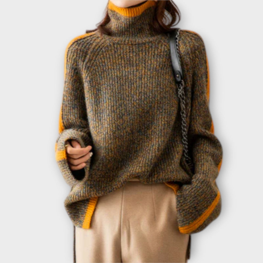 Breseis - Jersey vintage de cuello alto marrón con rayas