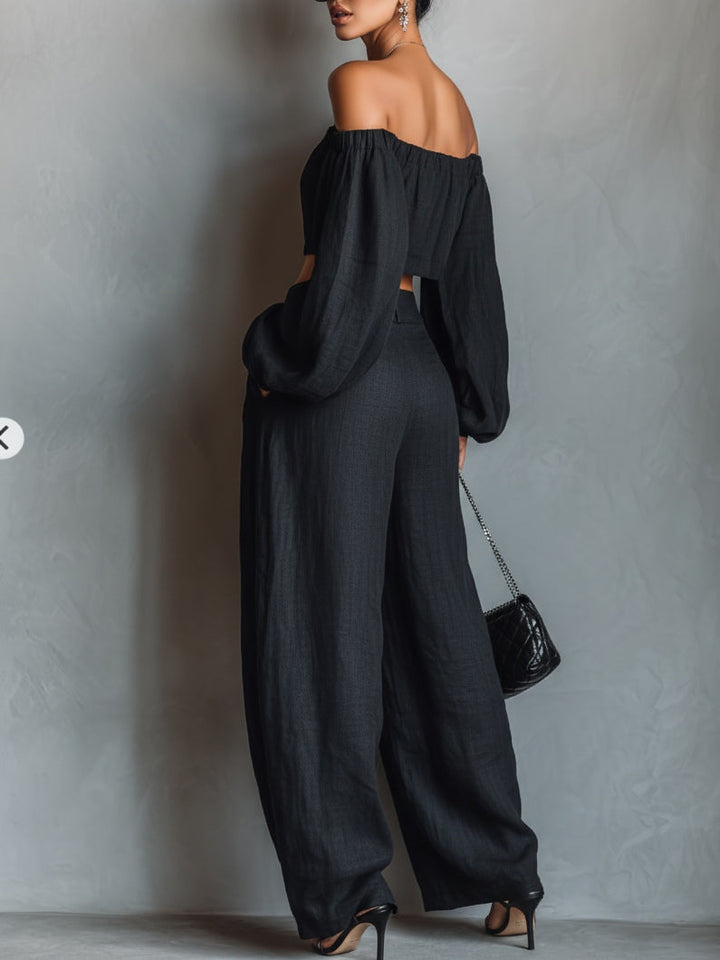 Tess | Conjunto Sin Hombros – Top con Escote y Pantalones Anchos