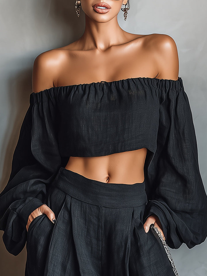 Tess | Conjunto Sin Hombros – Top con Escote y Pantalones Anchos