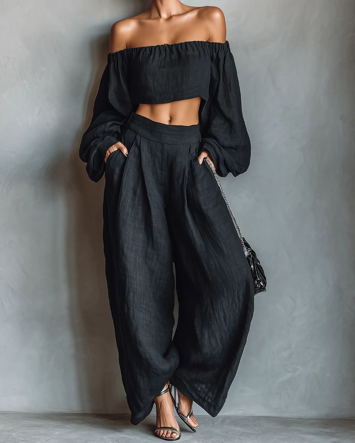 Tess | Conjunto Sin Hombros – Top con Escote y Pantalones Anchos