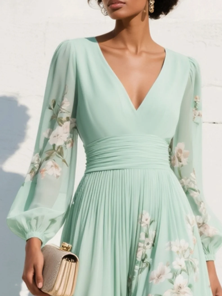 Lucija - Vestido Midi de Chifón Verde Claro con Plisado Floral Mujer