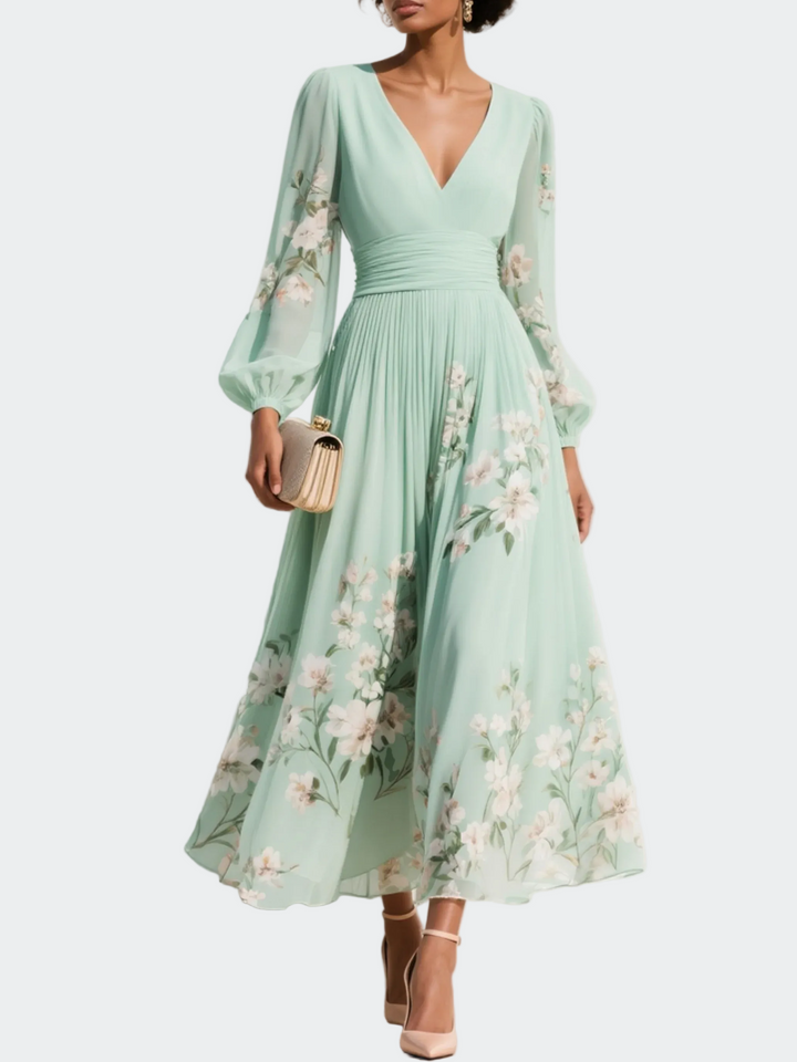 Lucija - Vestido Midi de Chifón Verde Claro con Plisado Floral Mujer