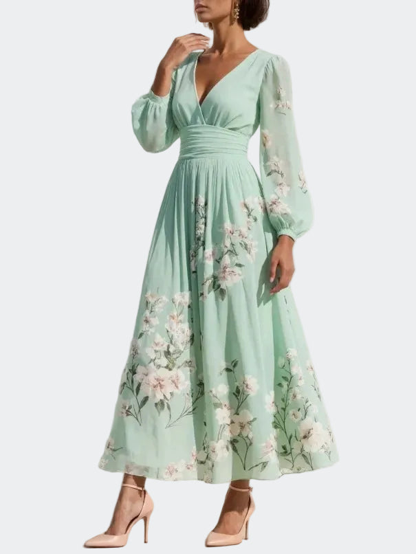 Lucija - Vestido Midi de Chifón Verde Claro con Plisado Floral Mujer