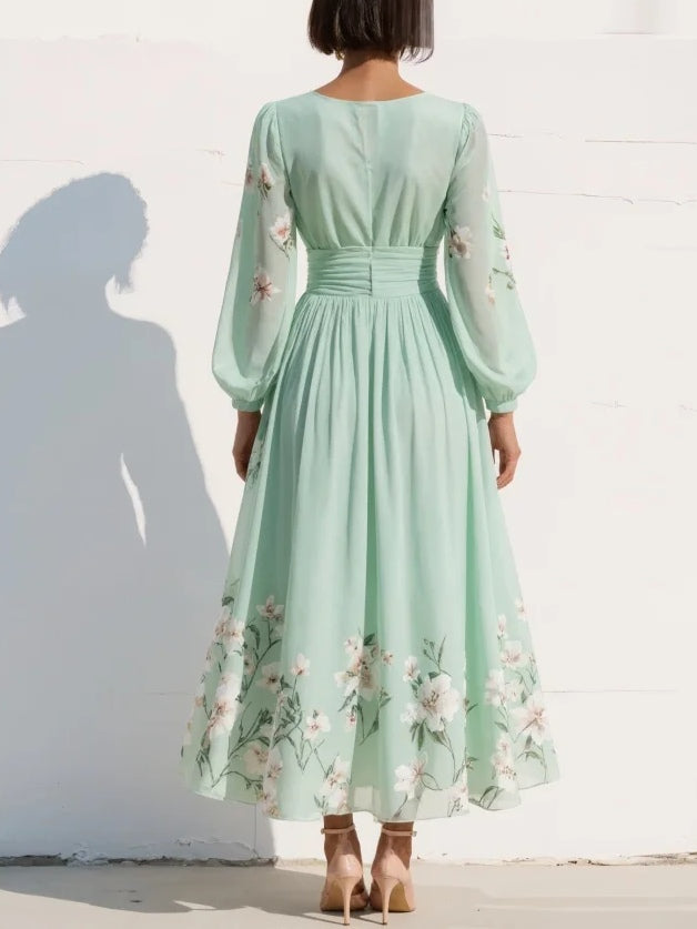 Lucija - Vestido Midi de Chifón Verde Claro con Plisado Floral Mujer
